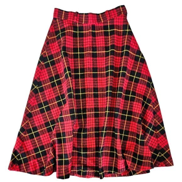 Vintage '70s Cucumber ILGWU Red Tartan Plaid Wool Midi A-Line Swing Skirt 9/10 - Picture 1 of 11
